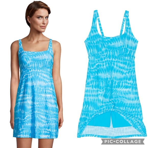 Lands' End Other - Lands' End Tummy Control Square Neck Swim Dress Turquoise Tie Dye Wave Sz 8